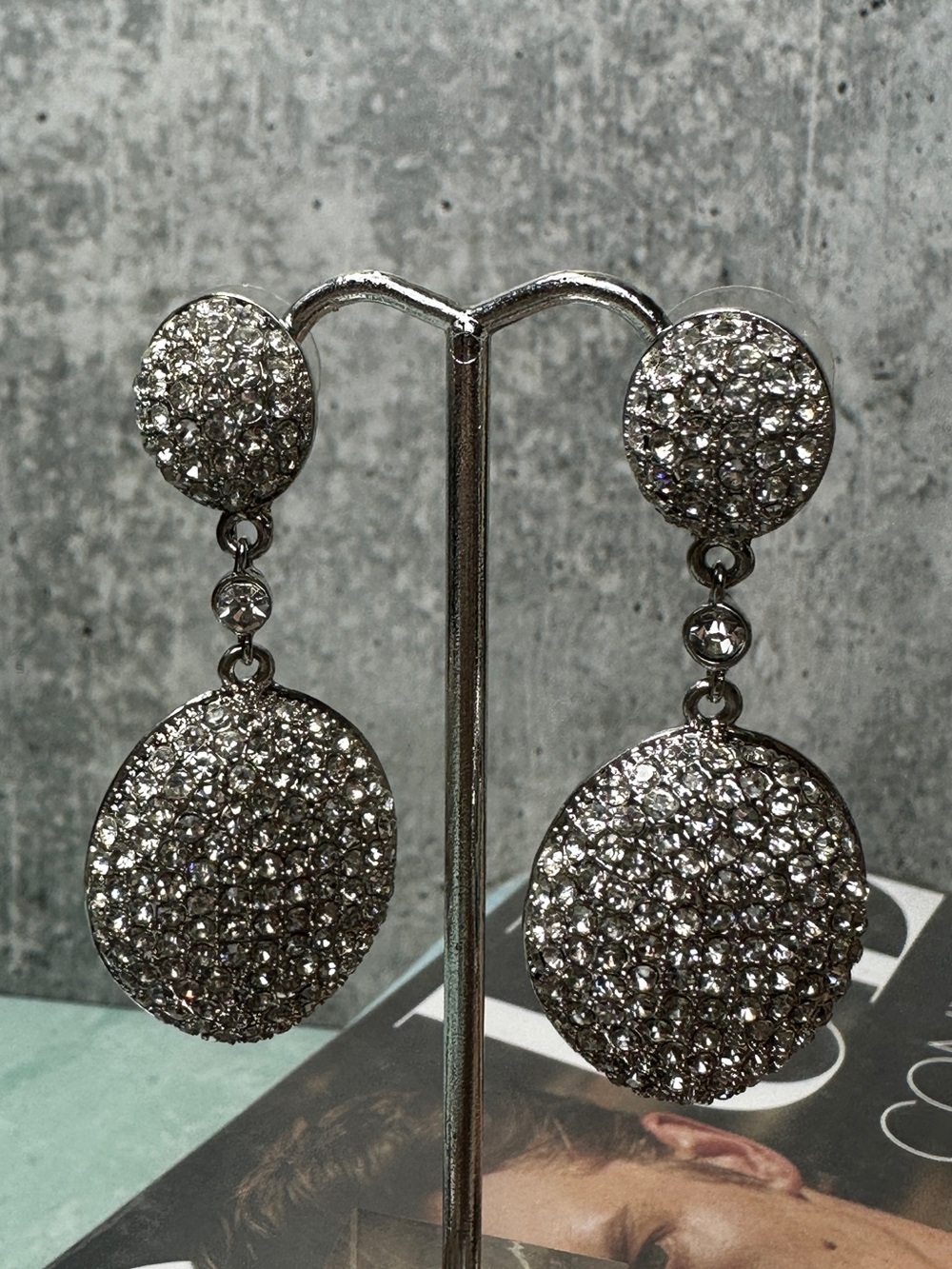Joan Boyce Crystal Pave Silver Drop Earrings Sparkling Oval Dangles Pierced
